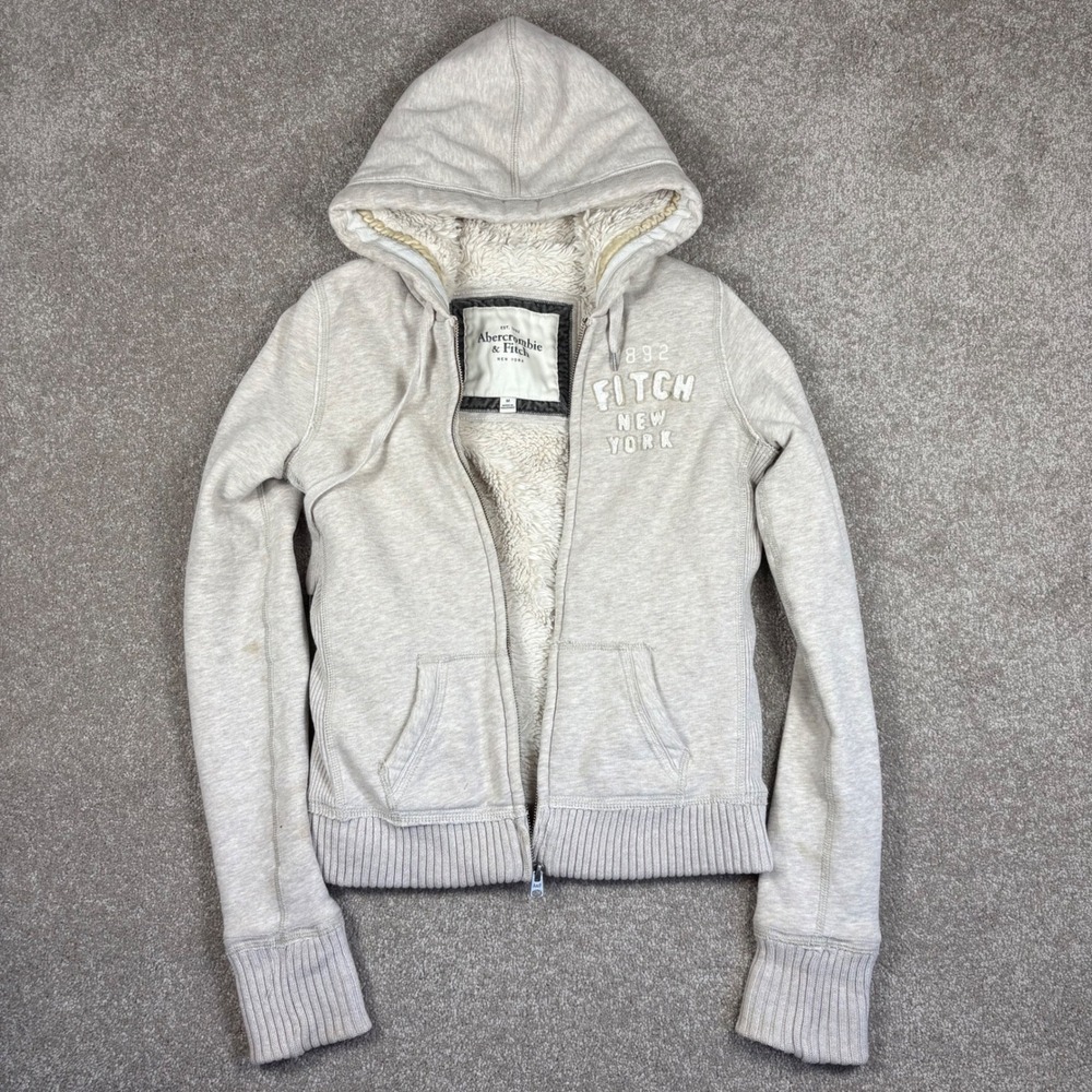Abercrombie & Fitch Womens Faux Fur Lined Full Zip Hoodie Oatmeal Heather Medium